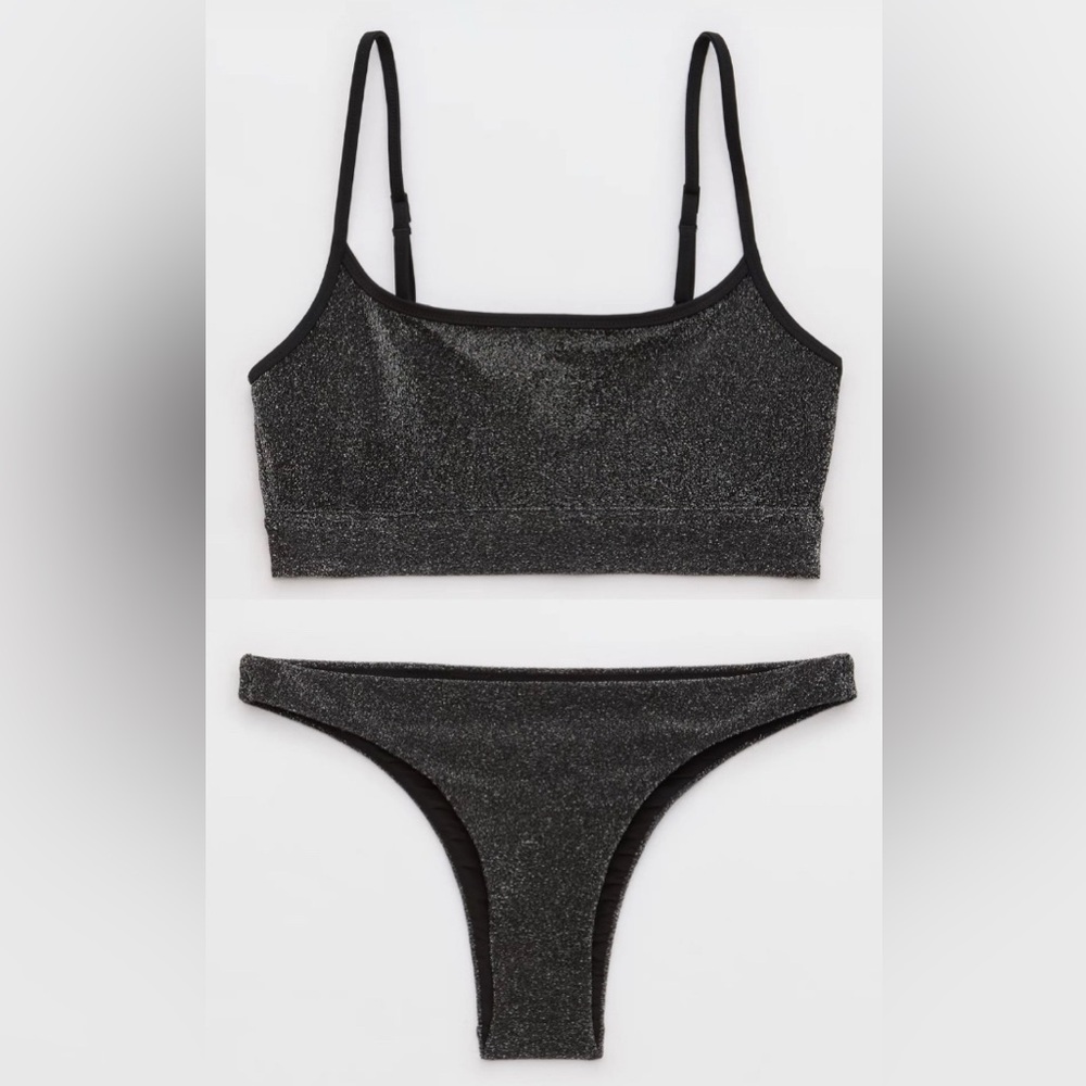 NWT Aerie FULL SET Black Sparkle Straight Scoop Top + Cheeky Bottoms - Size XL